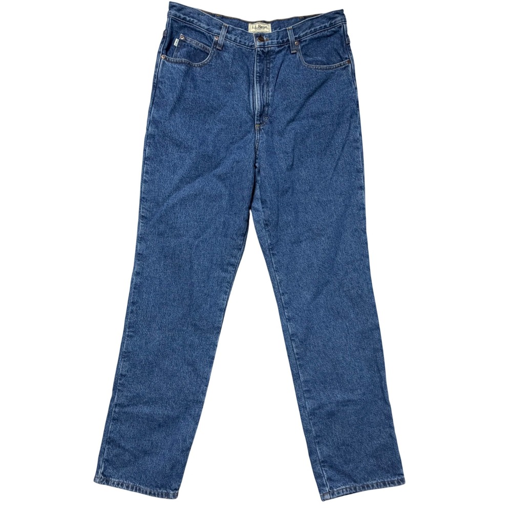 LL Bean Mens Classic Fit Flannel Lined Jeans 35x34 Blue Denim Plaid Straight Leg